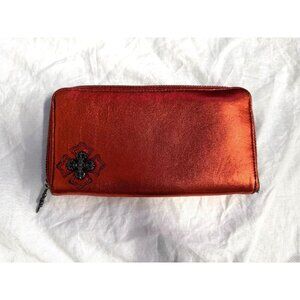 Chrome Hearts Red Metallic Leather Zipper Wallet With Cross Detail & Silver Goth